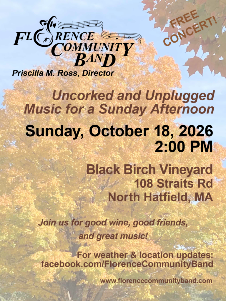 Sunday, October 18 at 2pm. FCB Concert at Black Birch Vineyard in North Hatfield.